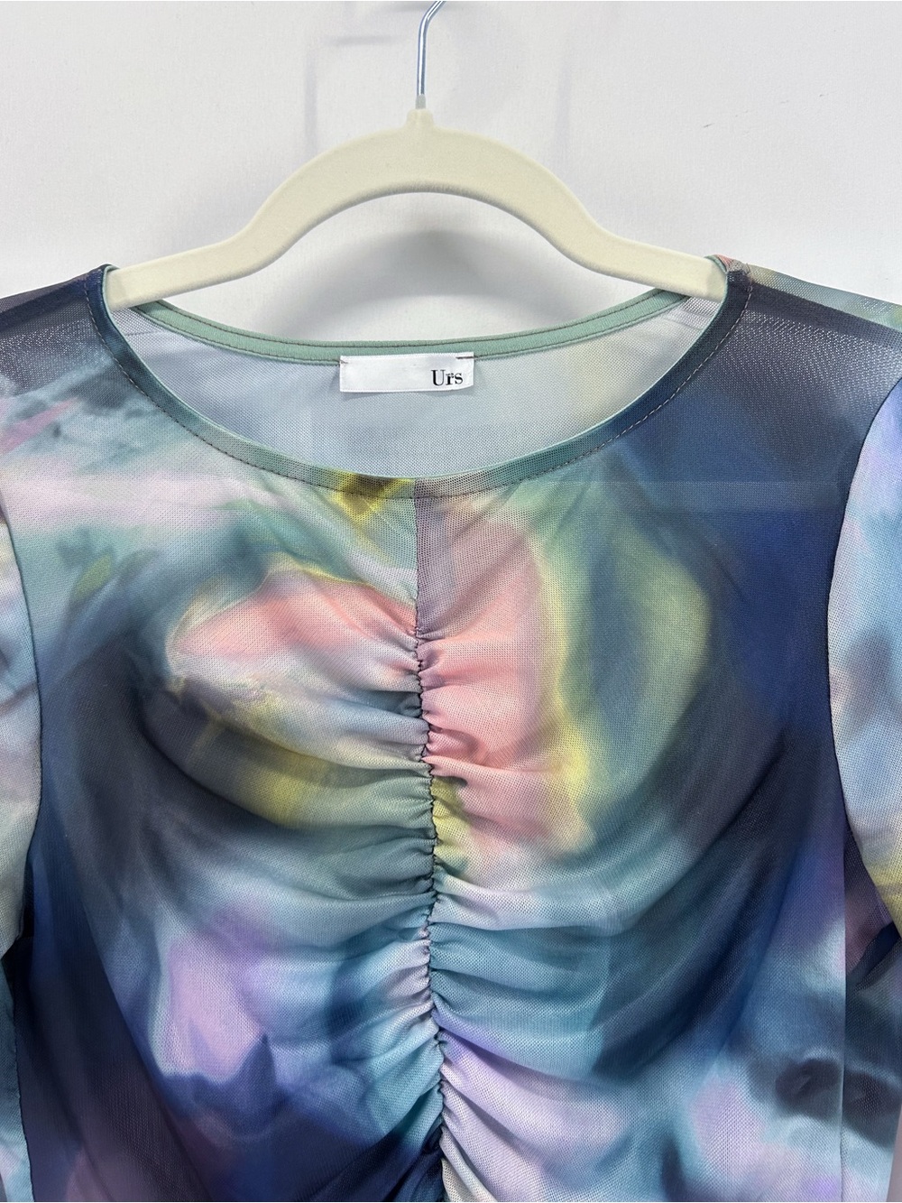 Urs Y2K Watercolor Space Mesh Sheer Long Sleeve Ruched Blouse Large - Picture 2 of 7